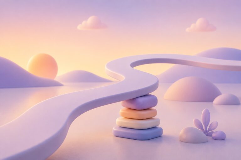 Ilustração 3D em tons pastel de uma trilha fluida apoiada por camadas arredondadas desalinhadas, representando a dívida de experiência.