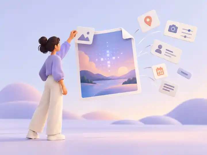 Remover metadados de IA: o que sai da imagem e o que não sai? | 1 | Camaraux, consultoria em UX design, projetos centrados no usuário Ilustração de pessoa retirando cartões de metadados de uma imagem enquanto um padrão luminoso permanece incorporado aos pixels.